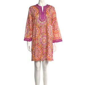 Oscar De La Renta Womens Long Sleeve Pink Paisley Print Mini Shift Dress Sz S